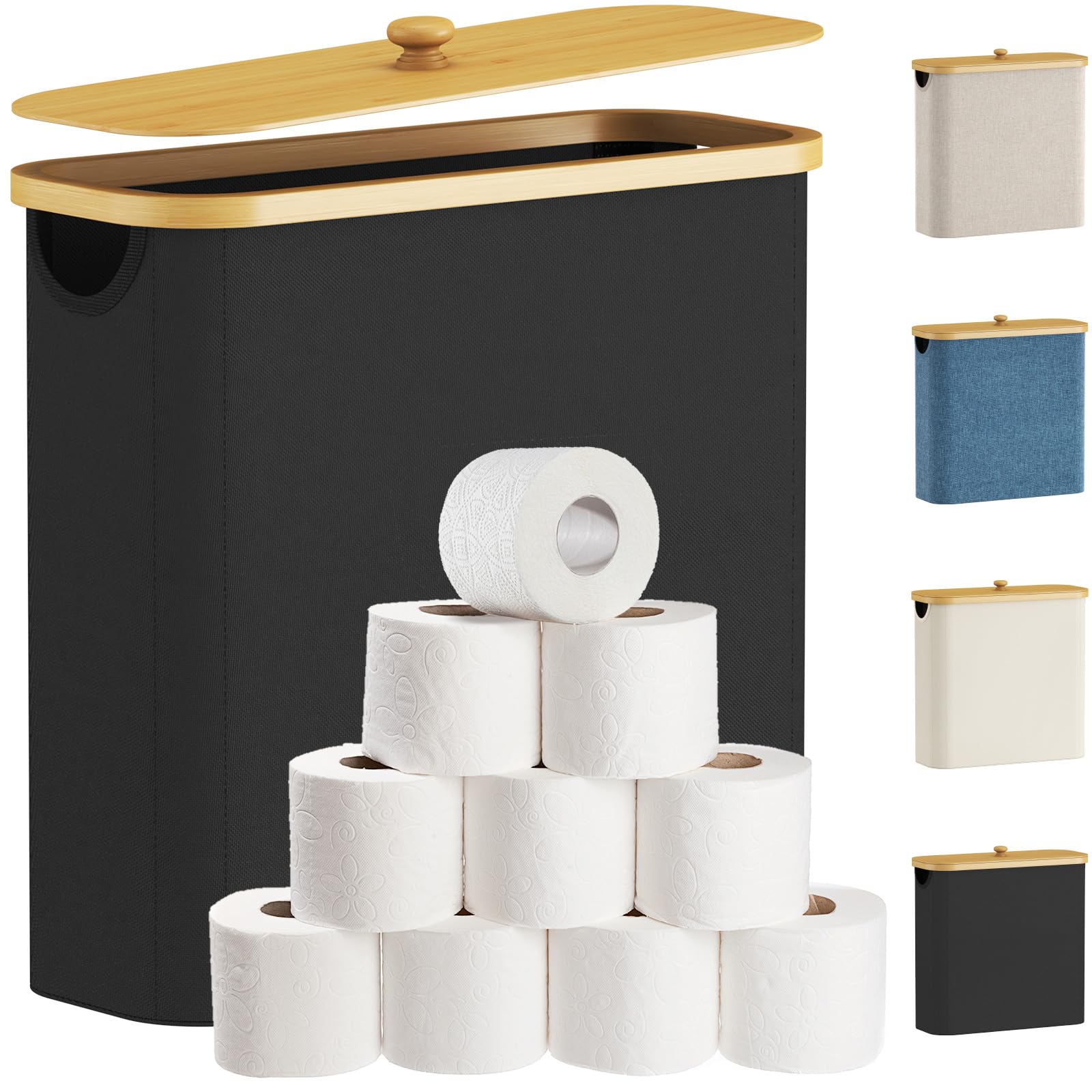 Lifewit Toilet Roll Storage, Bathroom Storage Box Holder Stand with Lid, Bamboo Multifunctional Toilet Paper Basket Cabinet with Handle, Black, 30L