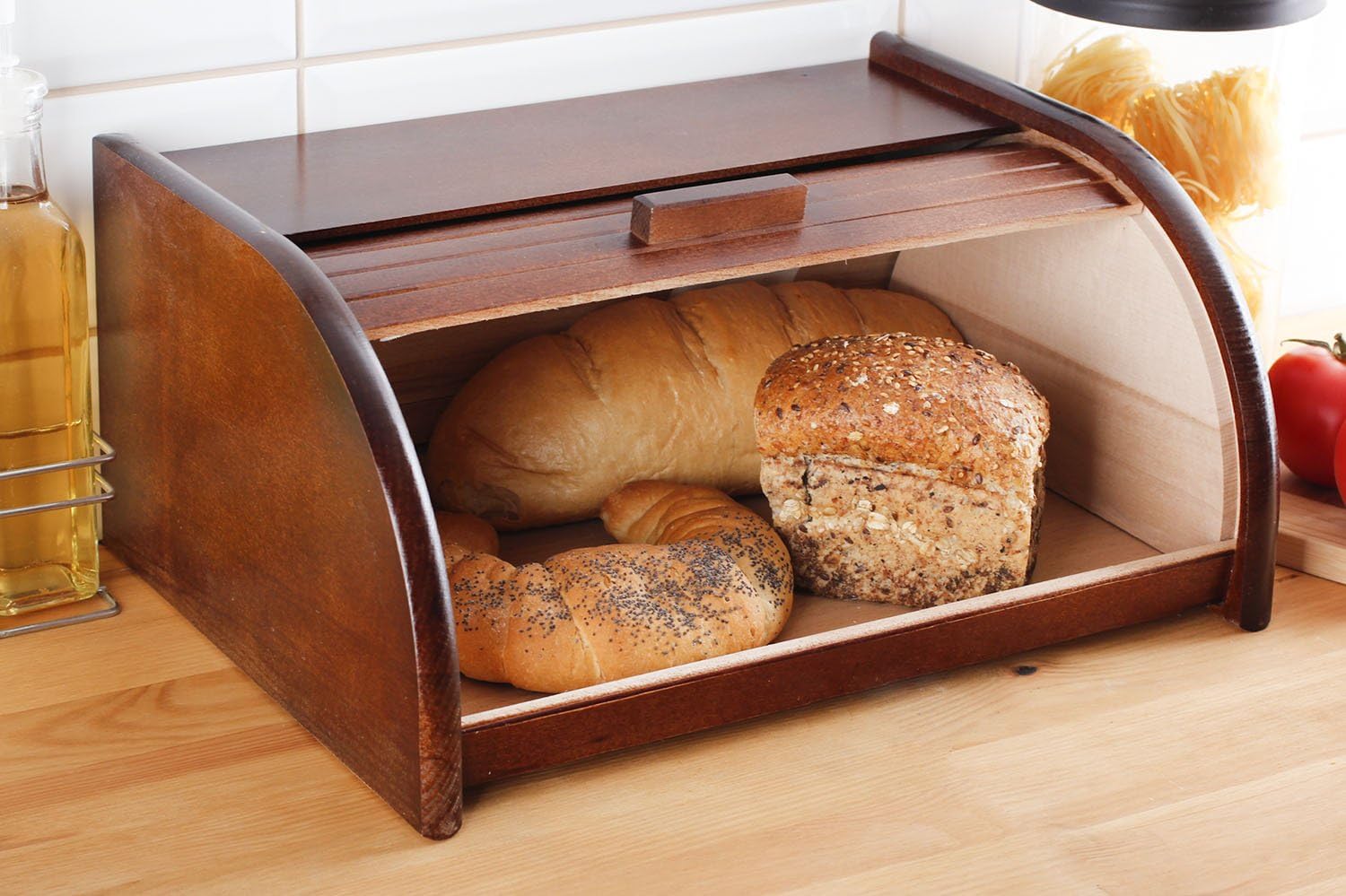 Wooden Bread Bin with Sliding Lid, Dense Wood, Dark Brown, Small