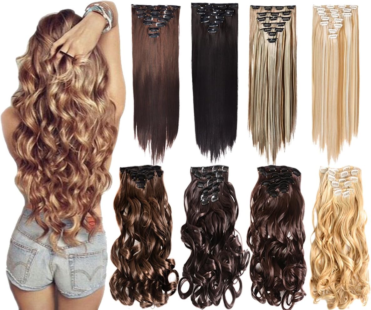7Pcs 16 Clips 20-24 Inch Thick Double Weft Full Head Clip in Hair Extensions Curly Straight Wavy Hairpiece 8 colors (20" Body Wave, 2-33 Brown)