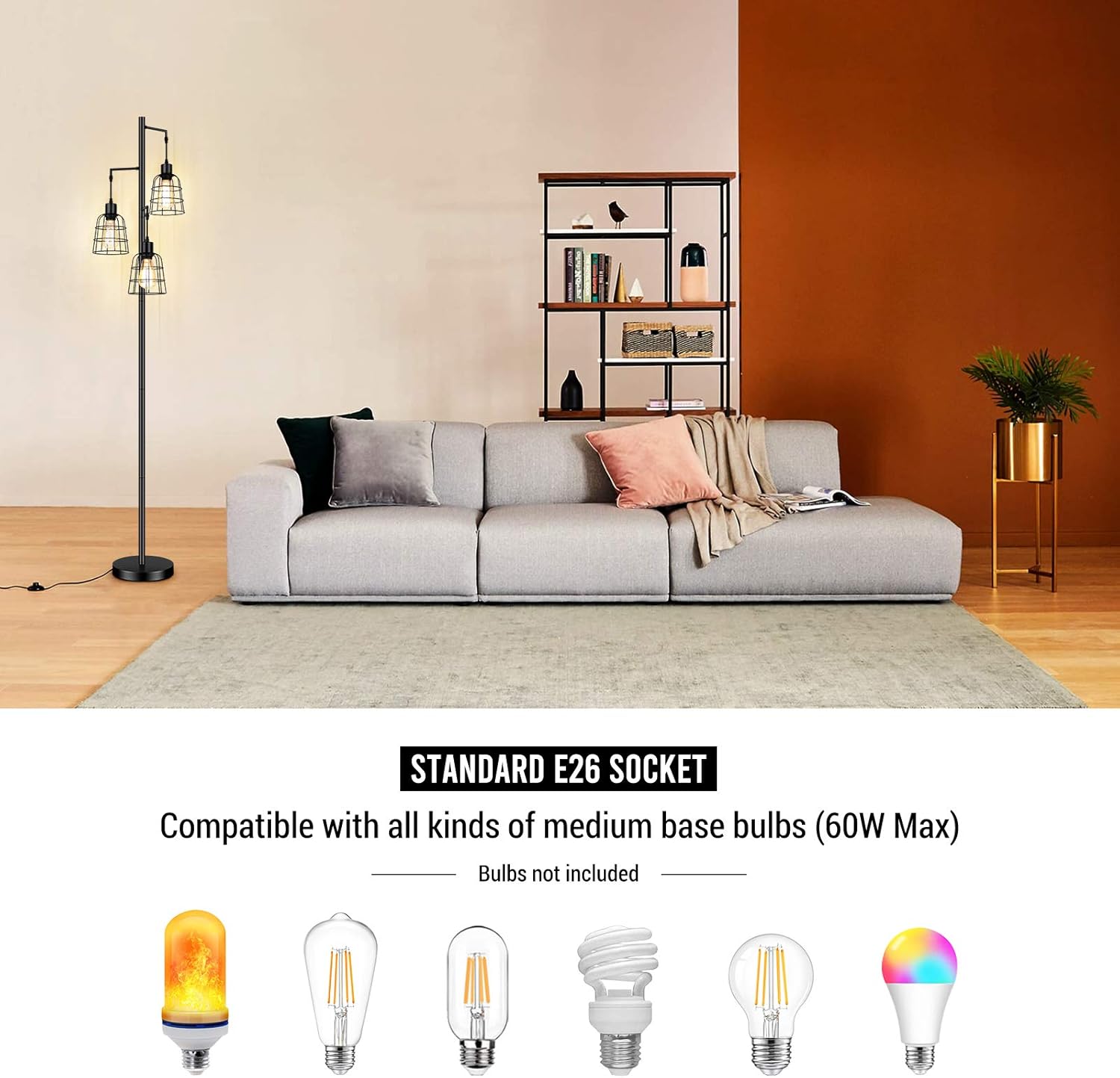 Industrial 3-Light Tree Floor Lamp with Cup-Shaped Cages Farmhouse Rustic Tall Standing Lamp for Living Room Vintage Elegant Black Pole Light with Edison E26 Base Metal Shade for Bedroom Office Hotel - - 