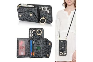 Lipvina for Samsung Galaxy S23 Plus Case with Card Holder and Strap - Zipper Pocket,Crossbody Lanyard Strap,Stand Ring,Cute Phone Wallet Case for Women(Black Leopard,6.6 Inch)