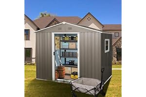 GLANZEND 8x6 FT Outdoor Storage Shed with Metal Floor Base, Garden Tool Sheds with Window & Lockable Doors, Vents, Utility Storage House for Backyard Patio Lawn, Gray