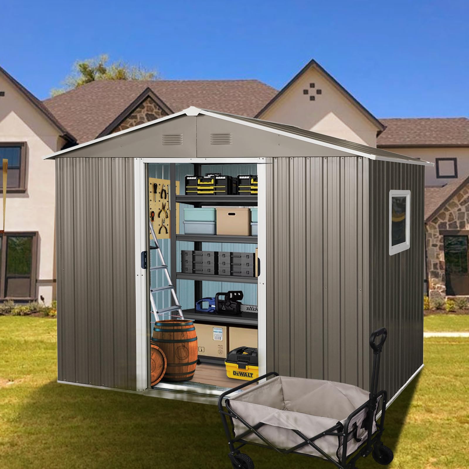 Photo 1 of YOPTO 8x6 FT Outdoor Storage Shed,Metal Shed with Window & Floor,Garden Shed W/ 4 Air Vents & Lockable Sliding Door,All Weather Waterproof Tool House W/Sloped Roof,for Backyard,Patio,Lawn,Grey
