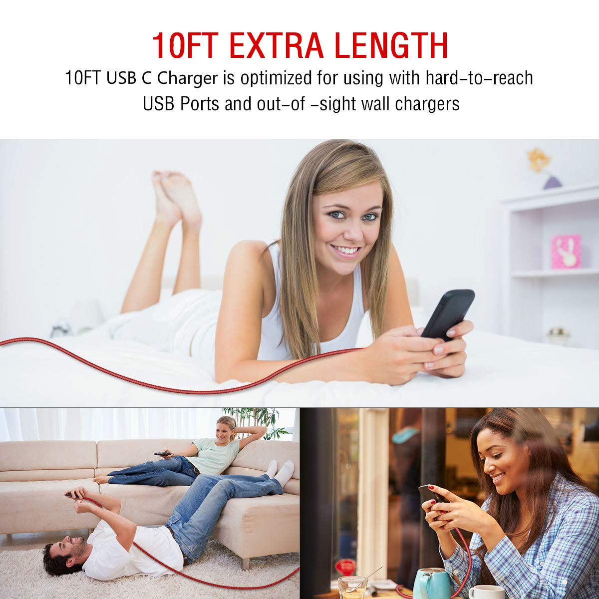 USB Type C Cable 10ft, USB C to USB A Fast Charger,Long Nylon Braided Fast Charging and Data Sync Cord for Samsung Galaxy S10/ S9 / S9+ / S8 / S8+ / Note 8,LG V20 G5 G6, Pixel,MacBook, Nintendo Switch