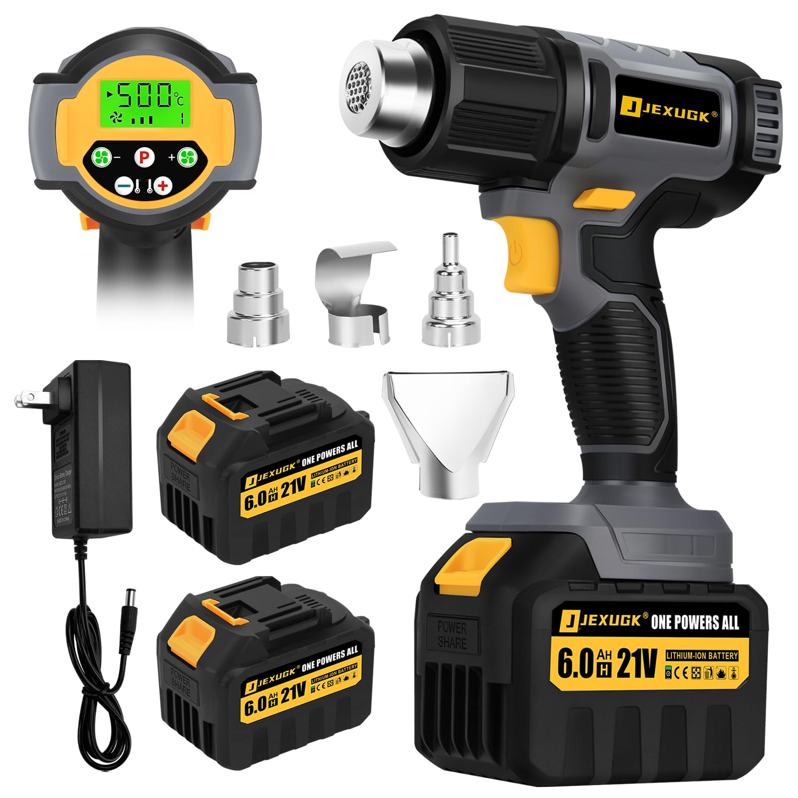 Photo 1 of JEXUGK LCD Cordless Heat Gun, Portable Hot Air Gun with 2 x 6.0Ah Battery, Pistola De Calor Inalambrica with 4 Nozzles, 122?-1022? Fast Heating Shrink for Vinyl Wrap, Automotive, Paint Removal