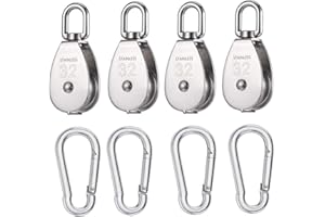 Vleant 4Pcs M32 Single Stainless Steel Pulley Block with Spring Snap Hooks 304 Stainless Steel Single Pulley Block Wheel Swivel Rigging Lifting Wheel Fixed Pulley for Wire Rope Loading 551 lbs/250kg