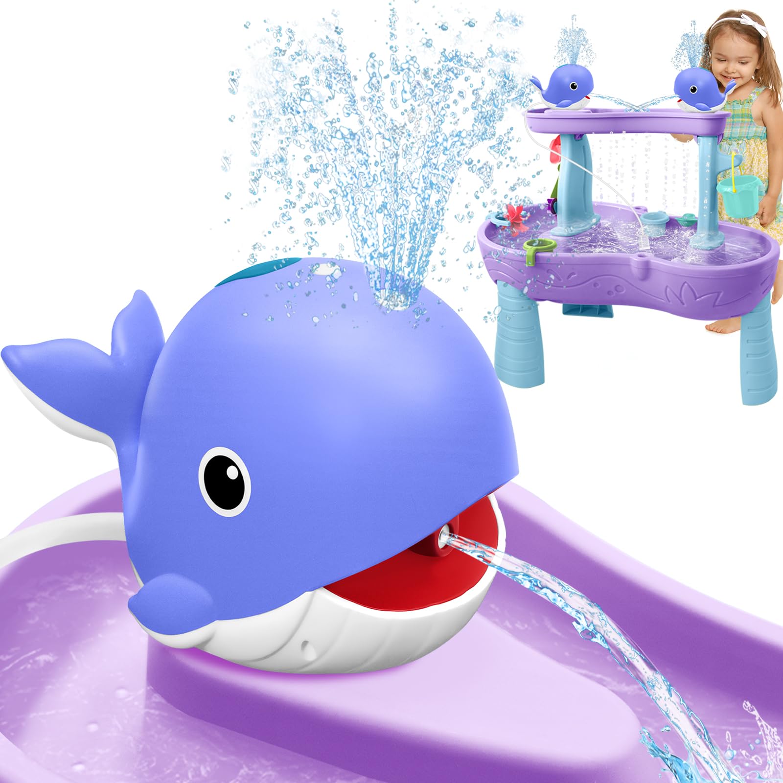 Infowush Water Table Pump, Whale Rechargeable Water Pump for Water Table with Sprinkler, 3.5 Hours Non-Stop Fun Summer Outdoor Water Toys Outside Water Play Table Accessories for Kids Toddlers, Purple