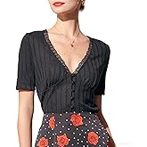 RIHOAS Women's Lace V Neck Shirts Button Fitted Tops Ribbed Lace Trim Tee Down Shirt Short Sleeve Blouses Top Black