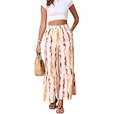 GAMISS Boho Palazzo Pants for Women Wide Leg Lounge Beach Summer Trousers Elastic Waisted with Pockets Pants Yellow Stripes L