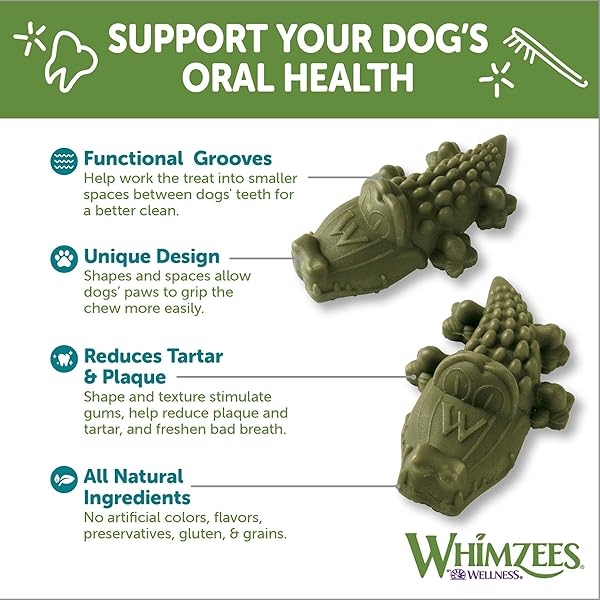WHIMZEES WELLNESS ALLIGATOR DOG DENTAL TREAT, CHEWS, FRESHENS BREATH, LARGE SIZE, 12.7 OZ BAG, 6 COUNT