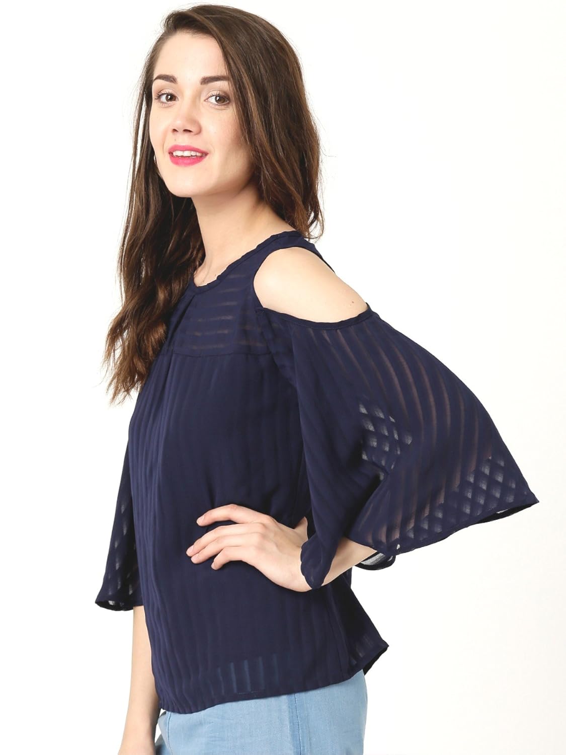 marie claire women navy self-striped cold shoulder top (mc10270)