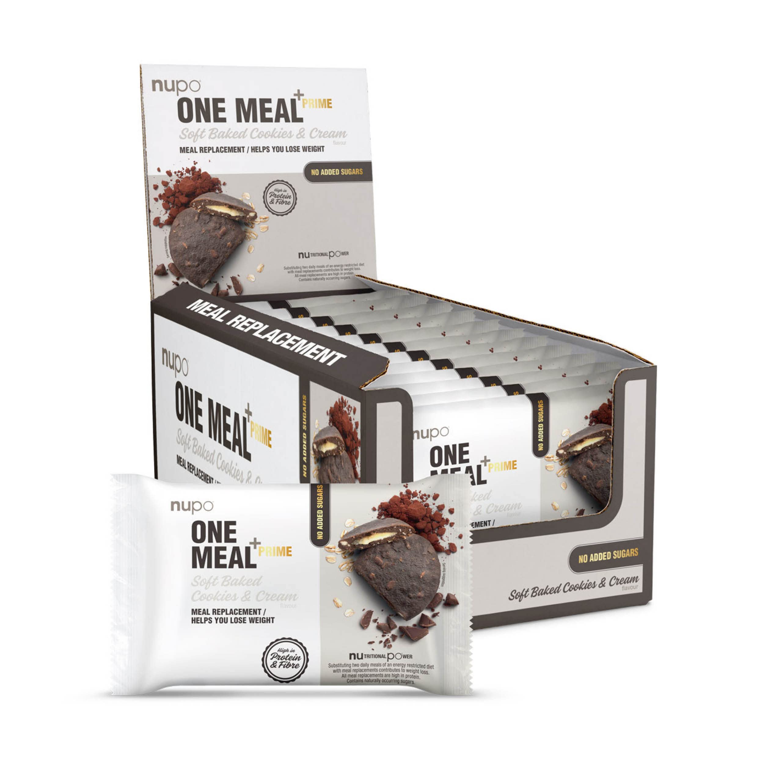 NUPO One Meal +Prime Soft Baked Cookies & Cream - Tasty meal replacement with vitamins and minerals - High in protein - High in fiber - No added sugar - 12 x 70g