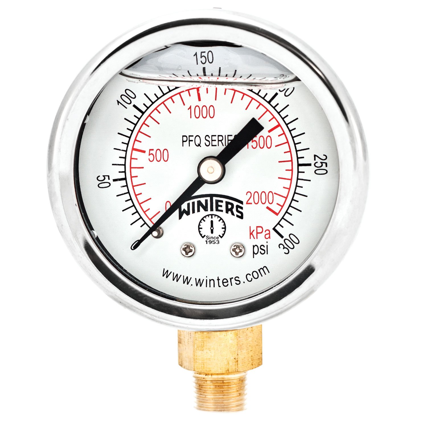 Photo 1 of Winters 2" Dial Size, Liquid Filled Industrial Pressure Gauge, Brass Internals, 304 Stainless Steel Case, Dual Scale 0-300 psi/kPa, 2.5% Acc, 1/8" NPT Bottom Mount, Glycerin Filled Pressure Gauge