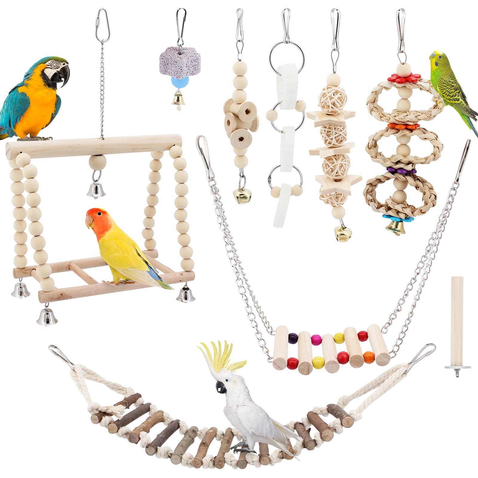 Seahelms 8Pcs Parrot Toys Birds Budgie Cage Toys Cockatiel Bird Chewing Natural Wood Hammock Hanging Bell Bird Cage Swing Toy for Cockatiel, Finches,Small Parakeets, Budgie and Macaws (log)