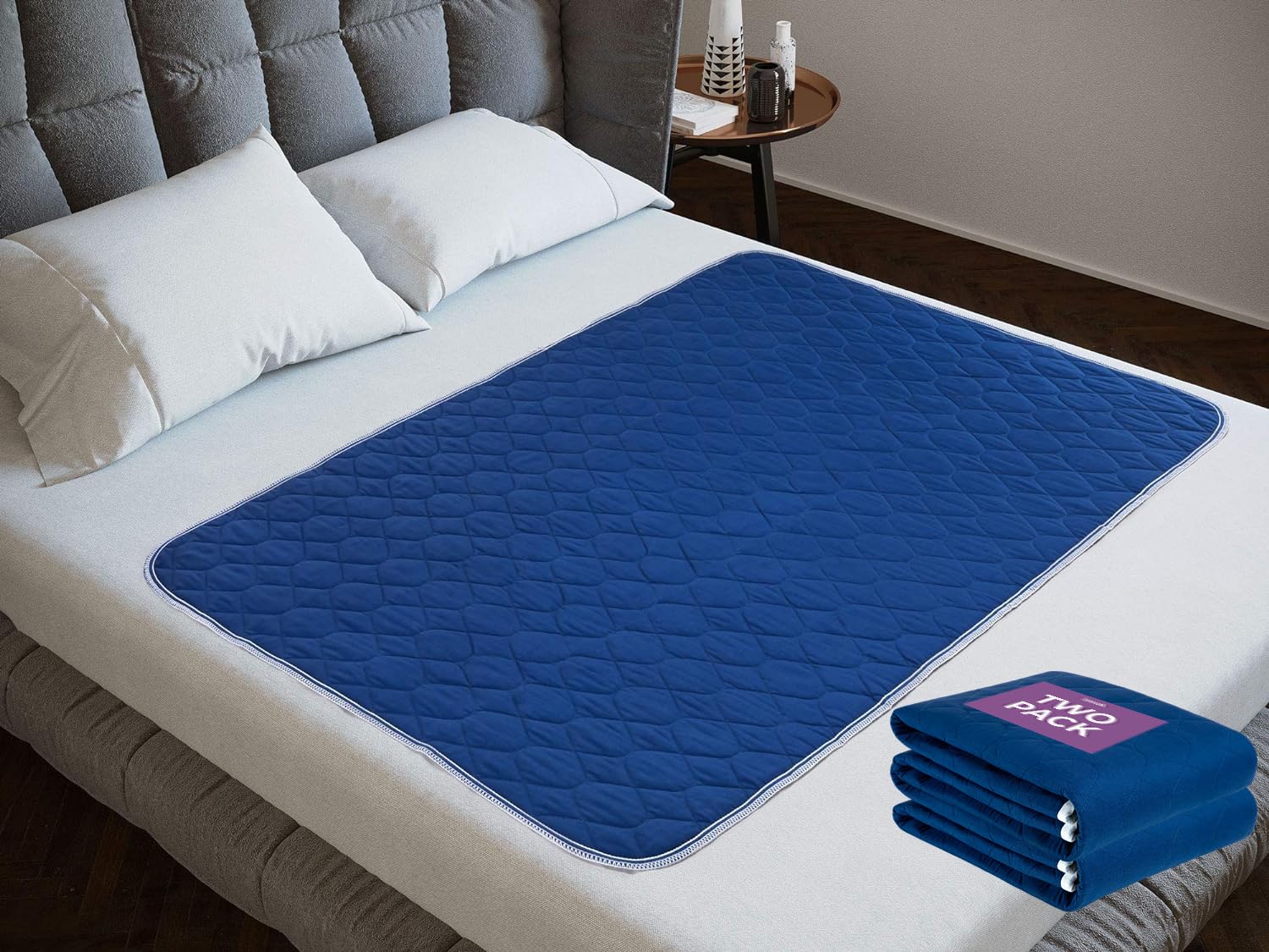 Lynmark® 2x Washable Incontinence Bed Pads Without Tucks- Non-Slip Bedwetting Mattress Protector Absorbs Up to 2L - Leak-Proof OEKO-Tex Certified Cotton Waterproof Cover for Double Beds- 135x85cm Navy