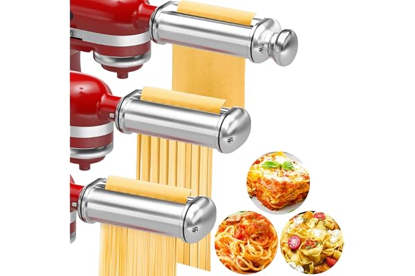 Pasta Maker Attachments for Kitchenaid Mixers, 3-Pieces Pasta Accessories Included Stainless Steel Dough Sheet Roller, Fettuc