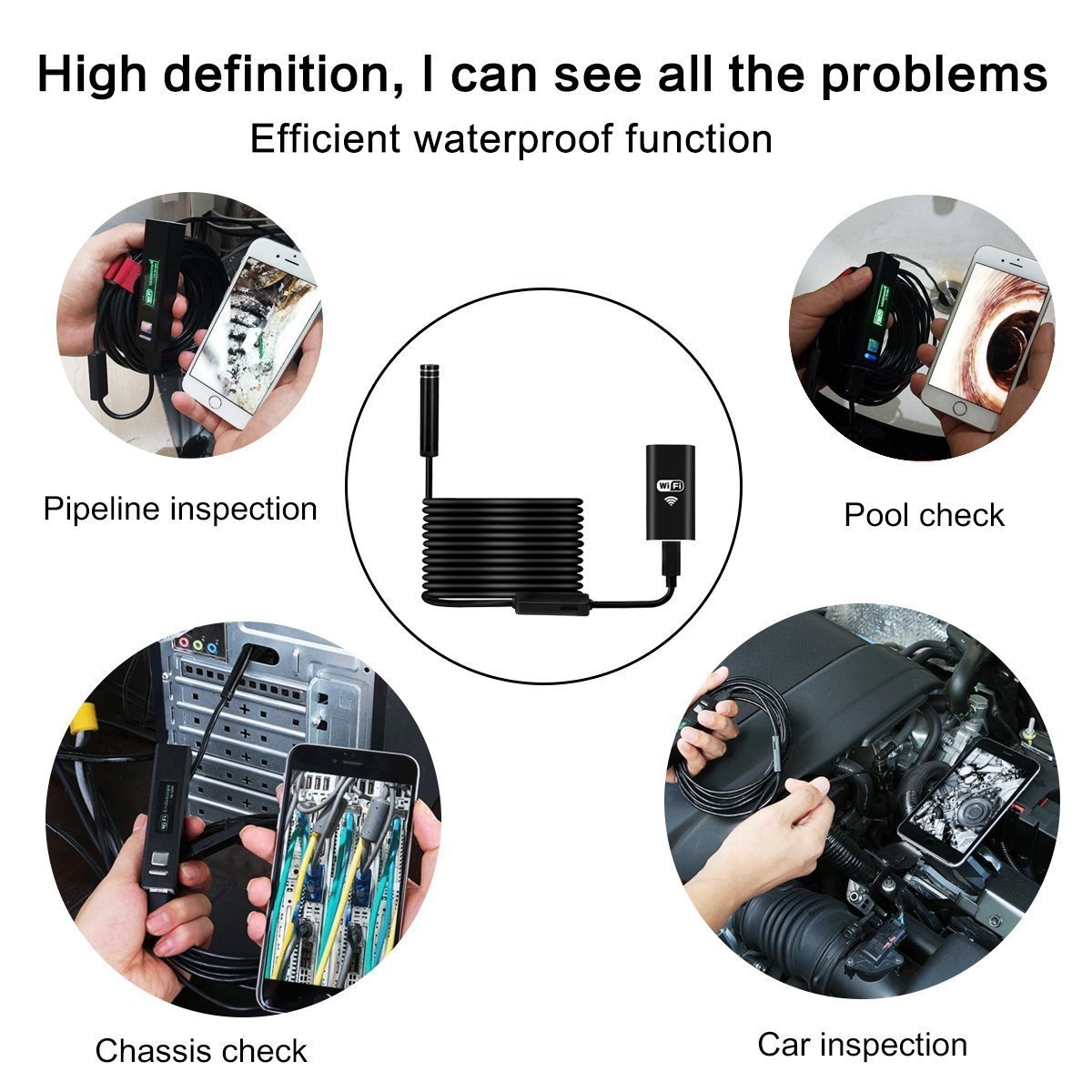 METALBAY WiFi Endoscope, Wireless HD Snake Camera with LED Light, Waterproof & Semi-rigid Borescope Inspection Camera with USB for Android, IOS Smartphone, Samsung, Ipad & Tablet-5m, Black (16.4FT)