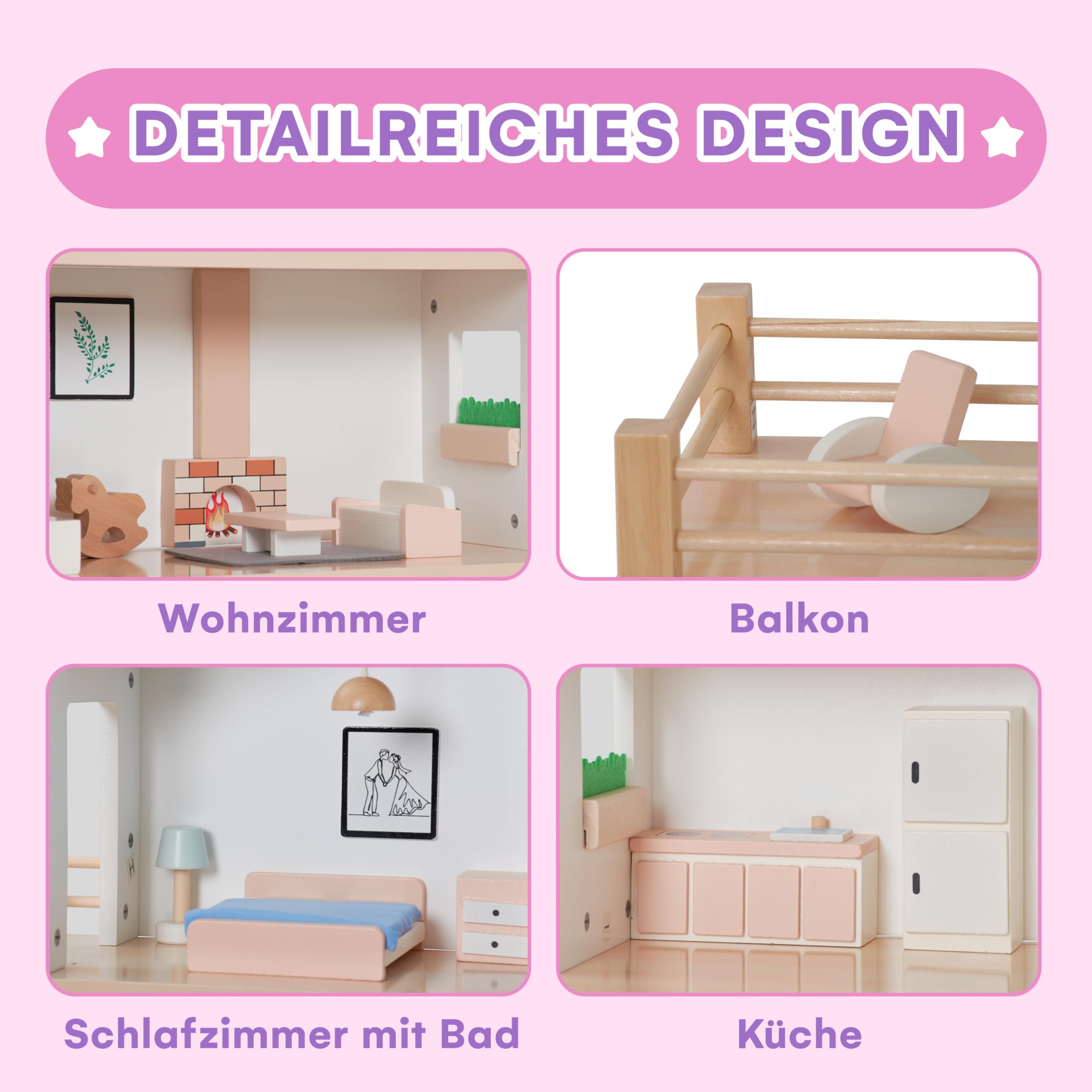 Jewelkeeper Puppenhaus Holz - Mehrfarbig - Spielpuppenhaus für Kinder ab 3+ - 20 Teile - Aus Holz und Stoff - Großartig für die Augen-Hand-Koordination 6