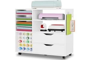 Dooloric Craft Organization and Storage Cart Compatible with Cricut Machines, Rolling Craft Table Organizer with Charge Station Vinyl Roll Holder, Drawers, Craft Storage Cabinet for Craft Room Home