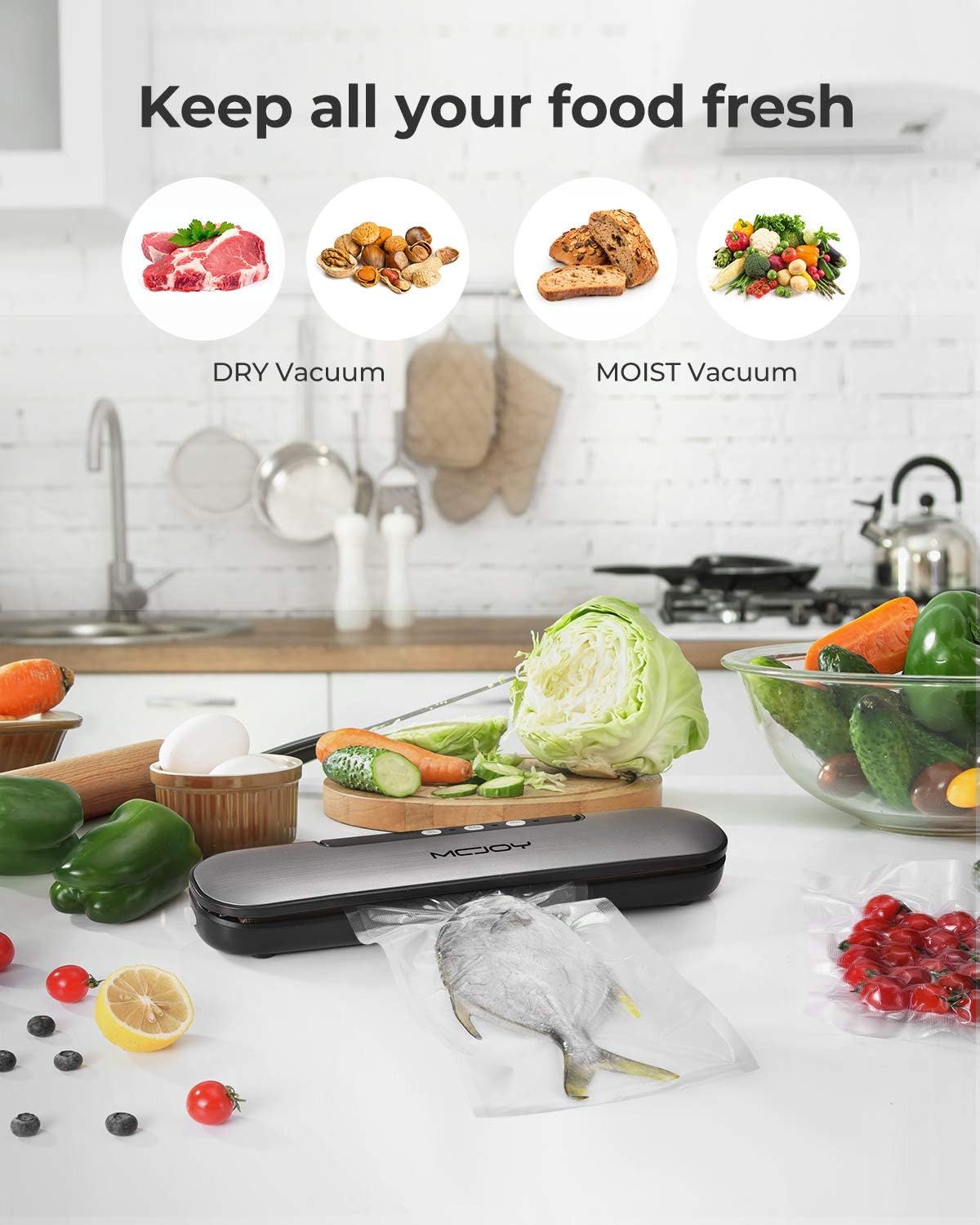 MCJOY Vacuum Sealer Machine, Automatic Operation Vacuum Air Sealing For Food Preservation System, Led Indicator Lights, Compact Design And Easy Clean, 10 Bags (Gray): Kitchen & Dining