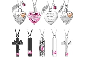 HENOYSO 9 Pcs Heart Cross Cubic Urn Necklace for Ashes Keepsake Cremation Jewelry Stainless Steel Necklace Crystal Memorial Pendant Heart Locket Ashes Jewelry for Women Men Loved Ones, 9 Styles