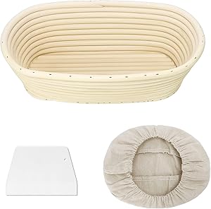 Clheatky Gärkörbchen Oval, 25 x 15 x 8cm Gärkorb zum Brotbacken Set, Aus Natürlichem Peddigrohr mit Schaber und Leinen, Gärkörbchen für Brot Backen