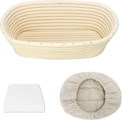 Clheatky Gärkörbchen Oval, 25 x 15 x 8cm Gärkorb zum Brotbacken Set, Aus Natürlichem Peddigrohr mit Schaber und Leinen, Gärkörbchen für Brot Backen