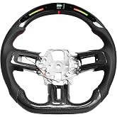 EASSAFEX Carbon Fiber Steering Wheel for Mustang EcoBoost/GT/Shelby GT350/GT350R 2015-2017, LED Shift Indicator Racing Display, D-shaped Flat-bottom Perforated Leather Grip with Replacement Trim
