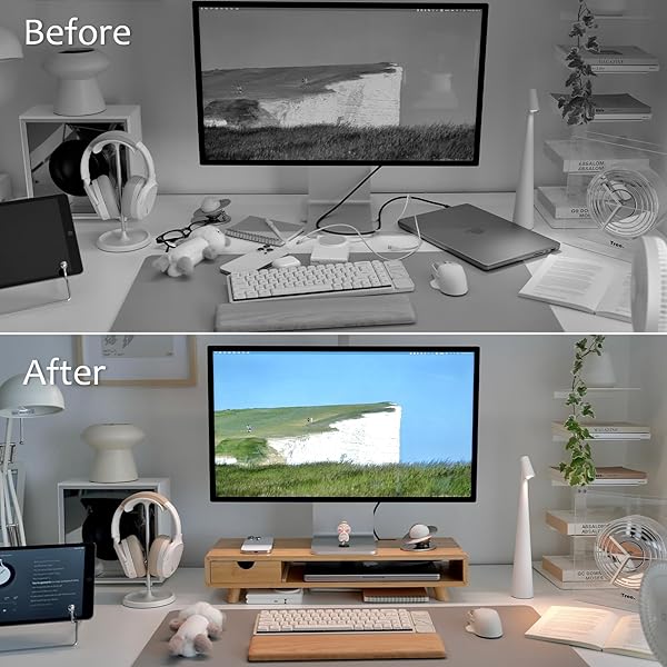 ROCDEER BAMBOO MONITOR STAND RISER WITH DRAWER, ERGONOMIC COMPUTER RISER FOR DESK WITH CABLE MANAGEMENT & STORAGE ORGANIZER, WOOD MONITOR STAND FOR HOME OFFICE