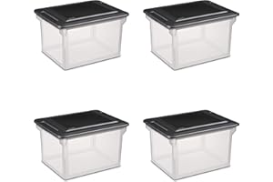 Sterilite File Box, Stackable Storage Bin with Lid, Plastic Container to Organize Taxes, Papers in the Home, Office, Clear Base with Black Lid, 4-Pack