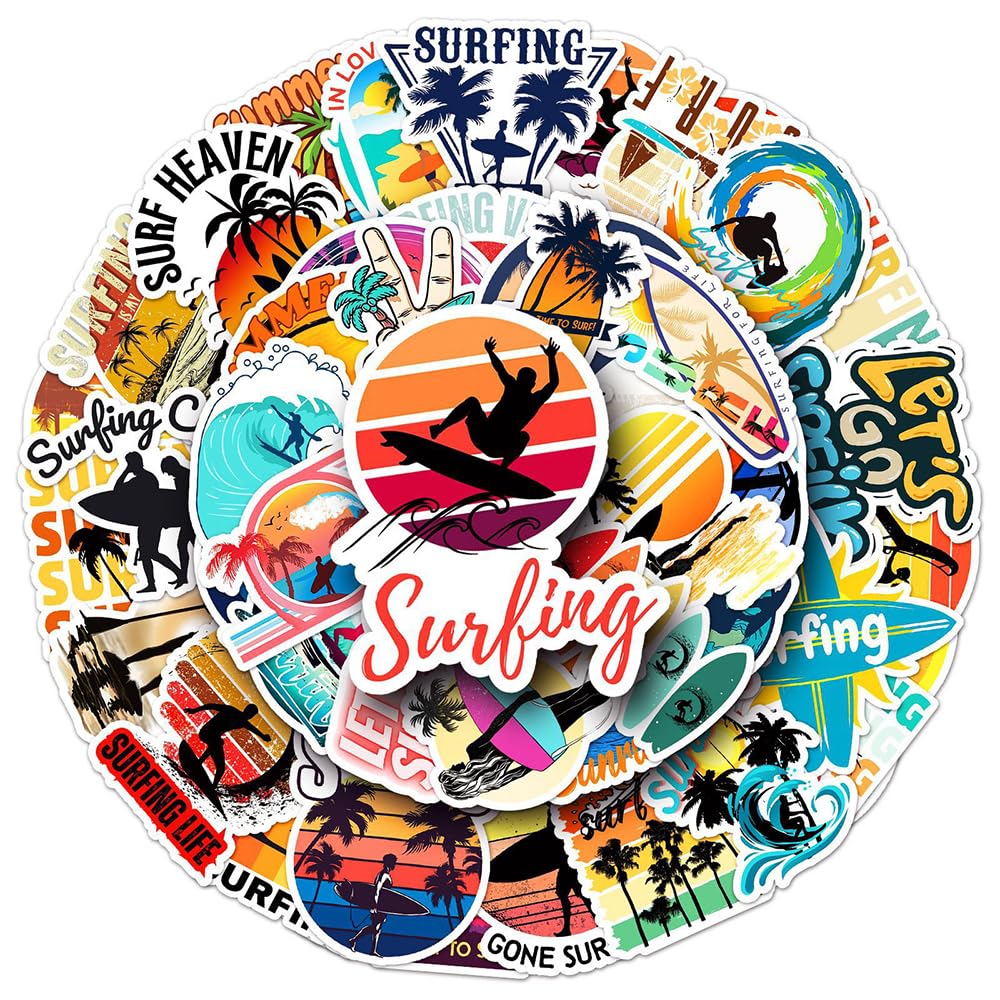 Popular Surfing Vinyl Stickers, 50 PCS Waterproof Sports Decals for Laptops, Scrapbooking, Journals, Notebooks, Water Bottles, Suitcases, Phones & DIY Decor
