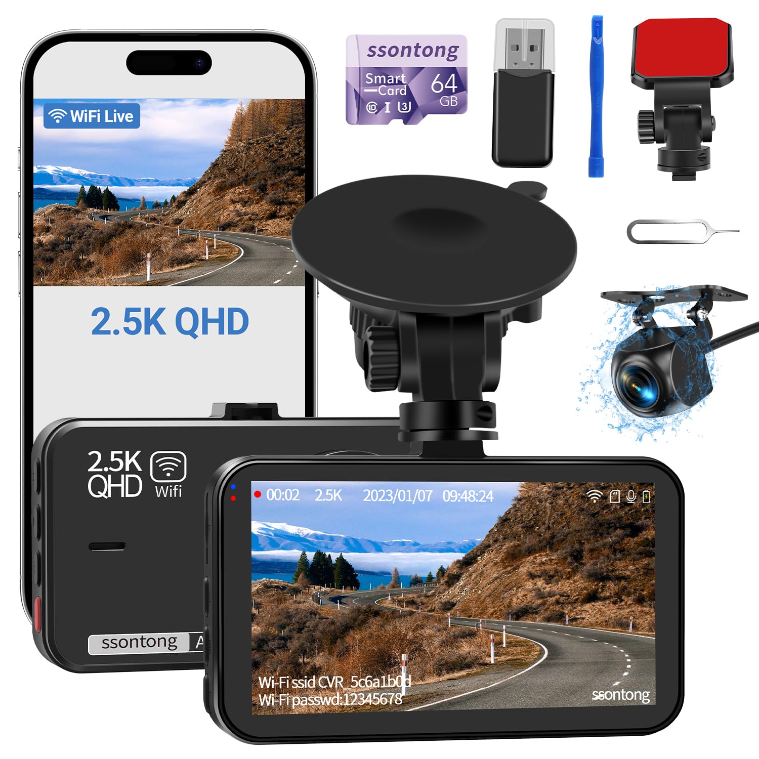 Dash Cam Front and Rear, Dashcam WiFi/APP Control Car Camera Dash Cam W/ 64GB Card, 2.5K Dash Cam Front + 1080P Rear Dash Camera W/Super Night Vision, Loop Recording, G-Sensor, Max Support 256GB