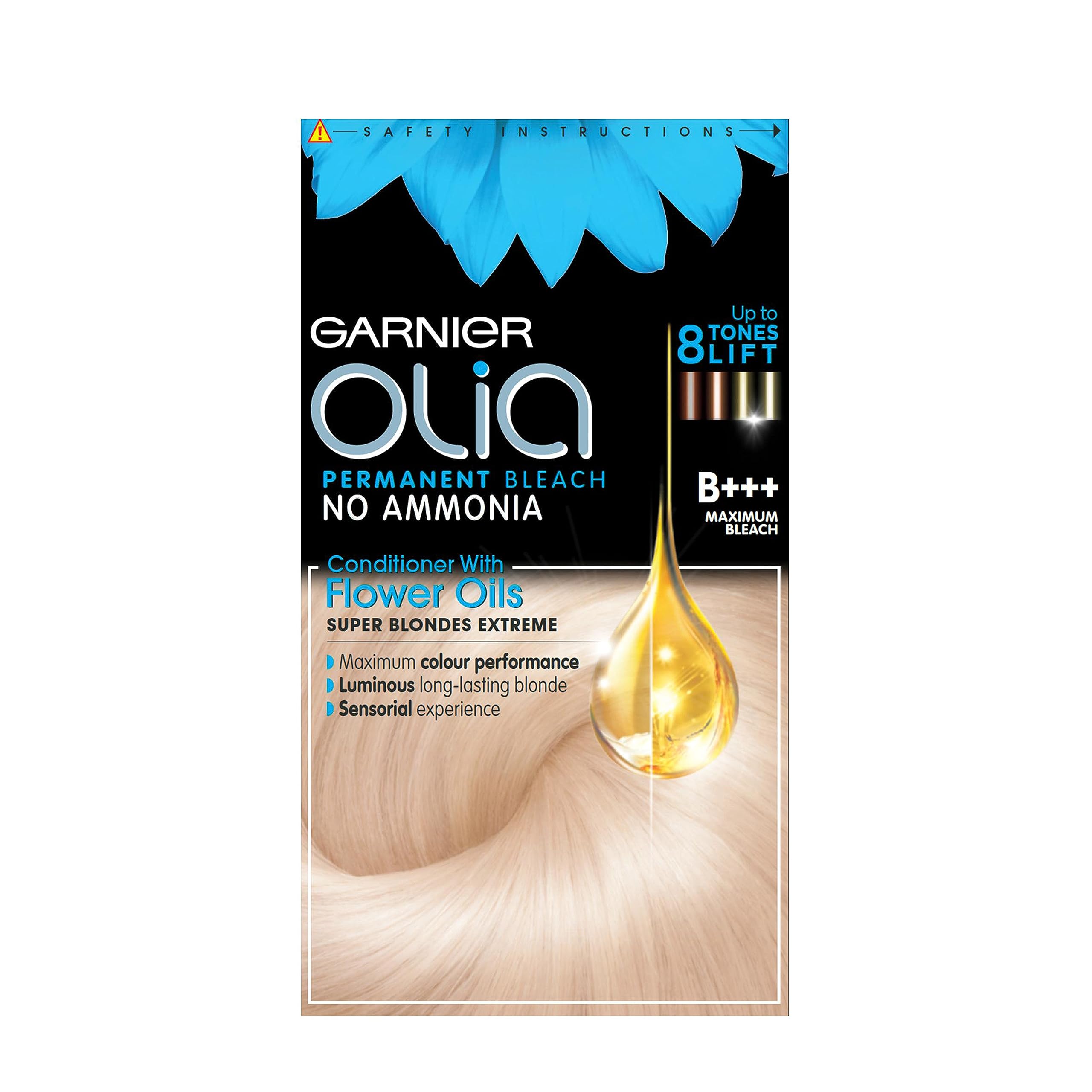 Olia B+++ Maximum Bleach Blonde offers intense lift. No-ammonia, oil-powered permanent dye for luminous, vibrant results. Achieve your lightest blonde while keeping hair soft and nourished. โ image 1