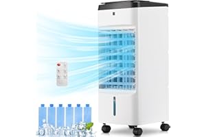 Uthfy Evaporative Air Cooler, 3 In 1 Swamp Cooler with 6 Ice Packs, Remote, 12H Timer, Portable Evaporative Cooler with 70° Oscillation, 3 Speeds, 3 Modes, Cooling Fan for Bedroom, Living Room, Office