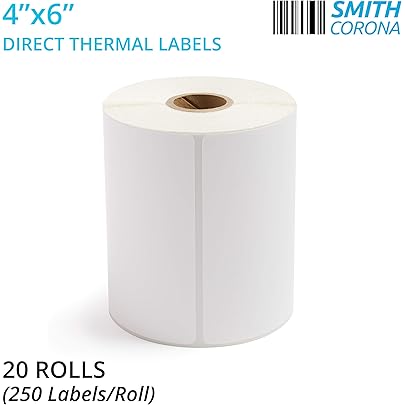 Smith Corona - 20 Rolls of 4x6 Direct Thermal Labels (250 Labels/Roll) - Perfect for Zebra Printers - Made in The USA | 5000 Labels Total