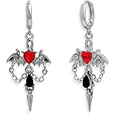 Agriajun Halloween Silver Gray Gothic Bat Heart Rivet Pendant Dangle Earrings for Women, Goth Black Gemstone Punk Spike Drop Earings Accessories Prom Fashion Gift