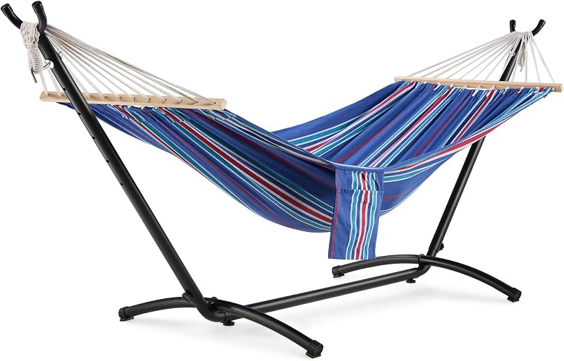 VonHaus Hammock with Stand Freestanding 1 Person Blue Stripe PolyCotton