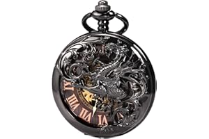 TREEWETO Antique Dragon Mechanical Skeleton Pocket Watch with Chain