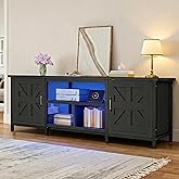 DWVO Farmhouse TV Stand with Power Outlet & LED Lights, TV Consoles for TVs up to 70'', Entertainment Center with Storage Cabinets for Living Room, Black