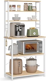 VASAGLE Kitchen Storage Rack 6 Shelves 6 Hooks Golden Oak White KKS019W09