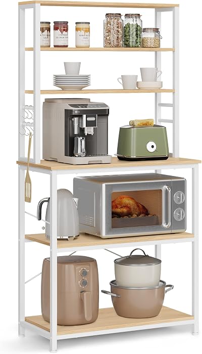 VASAGLE Kitchen Storage Rack 6 Shelves 6 Hooks Golden Oak White KKS019W09