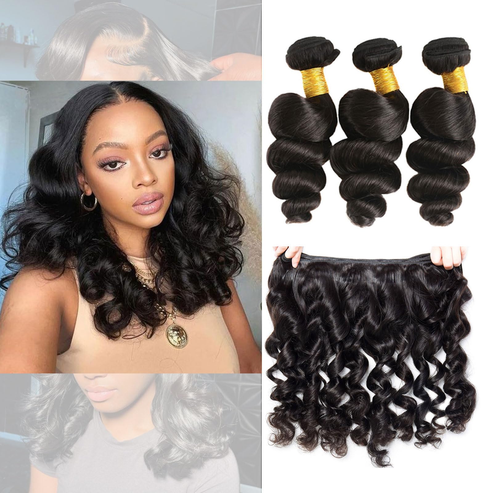 Huarisi Human Hair 3 Bundles Loose Wave 8 10 12 inch Short Brazilian Hair Loose Wave Weaves 10A Unprocessed Virgin Hair 300g Wavy Hair Bundles for Black Women Natural Colour — image 1