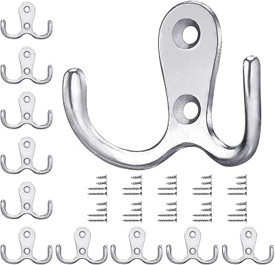Gorffy 10Pcs Door Hooks Heavy Duty Double Coat Hooks with 40 Screws Silver