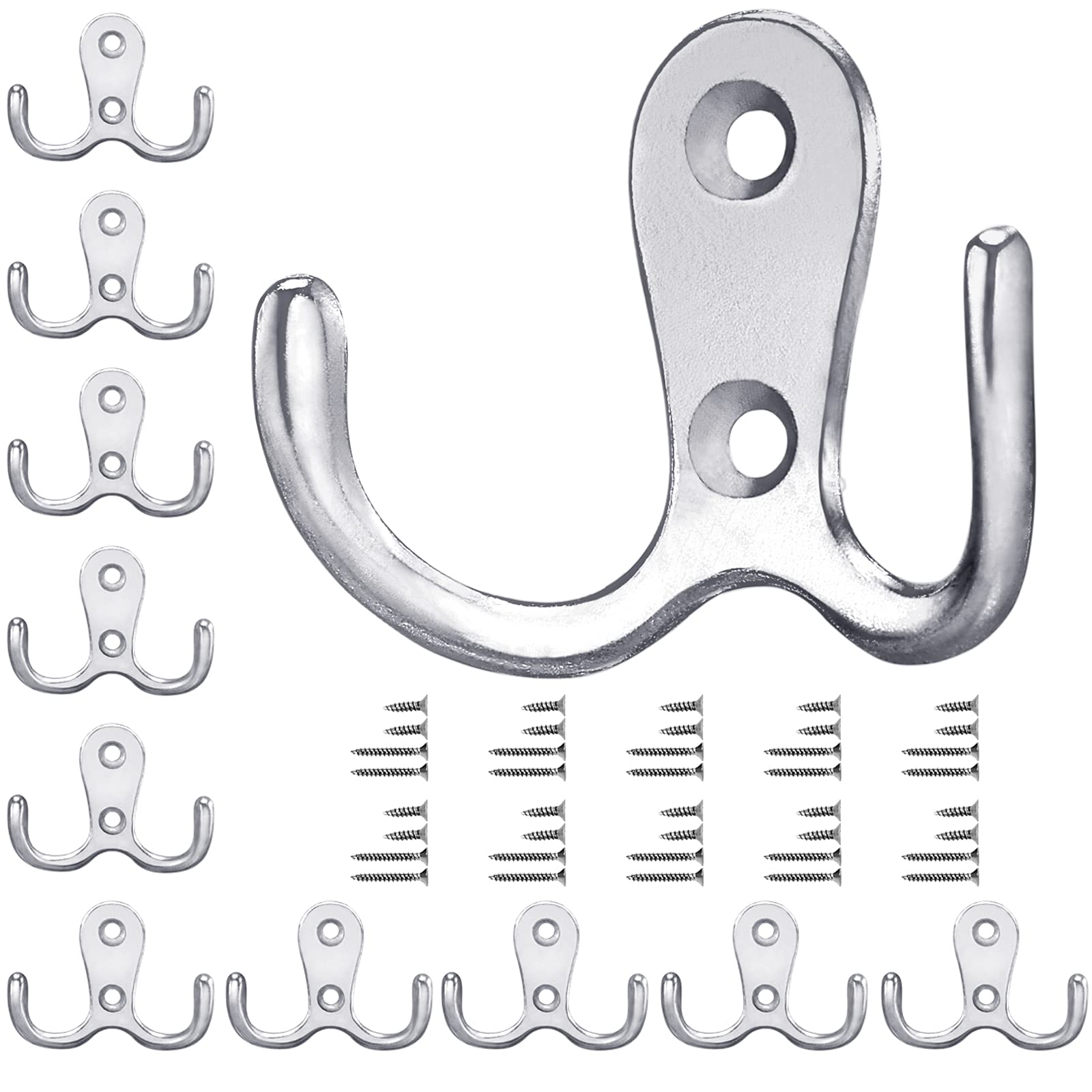 Gorffy Door Hooks 10PCS, Retro Silver Double Heavy Duty Metal Coat Hook with 40 Screws for Hanging, Robe, Towel, Coat, Bag & Hat (Silver, 10PCS) — image 1