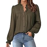 LOOKBOHO Button Down Shirts for Women Dressy Casual Blouses Long Puff Sleeve Shirts Elegant Pleated Tunic Tops Business Casual Tops Fall Solid Retro Blouses, Army Green, L
