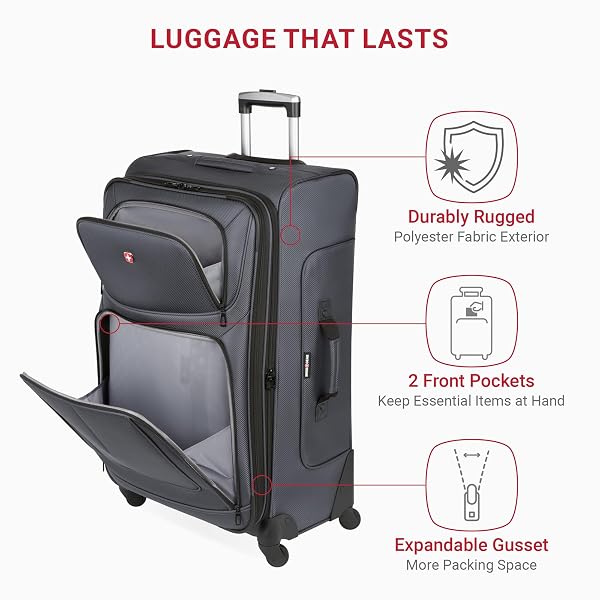 SWISSGEAR SION SOFTSIDE EXPANDABLE SPINNER LUGGAGE DURABLE LIGHTWEIGHT TRAVEL SUITCASE, DARK GREY, CHECKED-LARGE 29-INCH