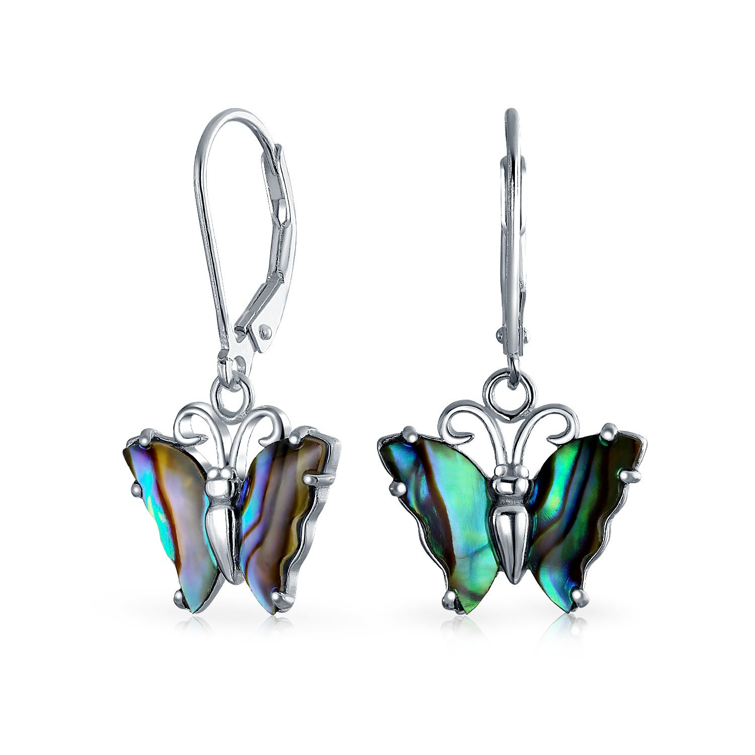 Garden Insect Carved Rainbow Iridescent Abalone Butterfly Lever back Drop Earrings For Women For Teen .925 Sterling Silver