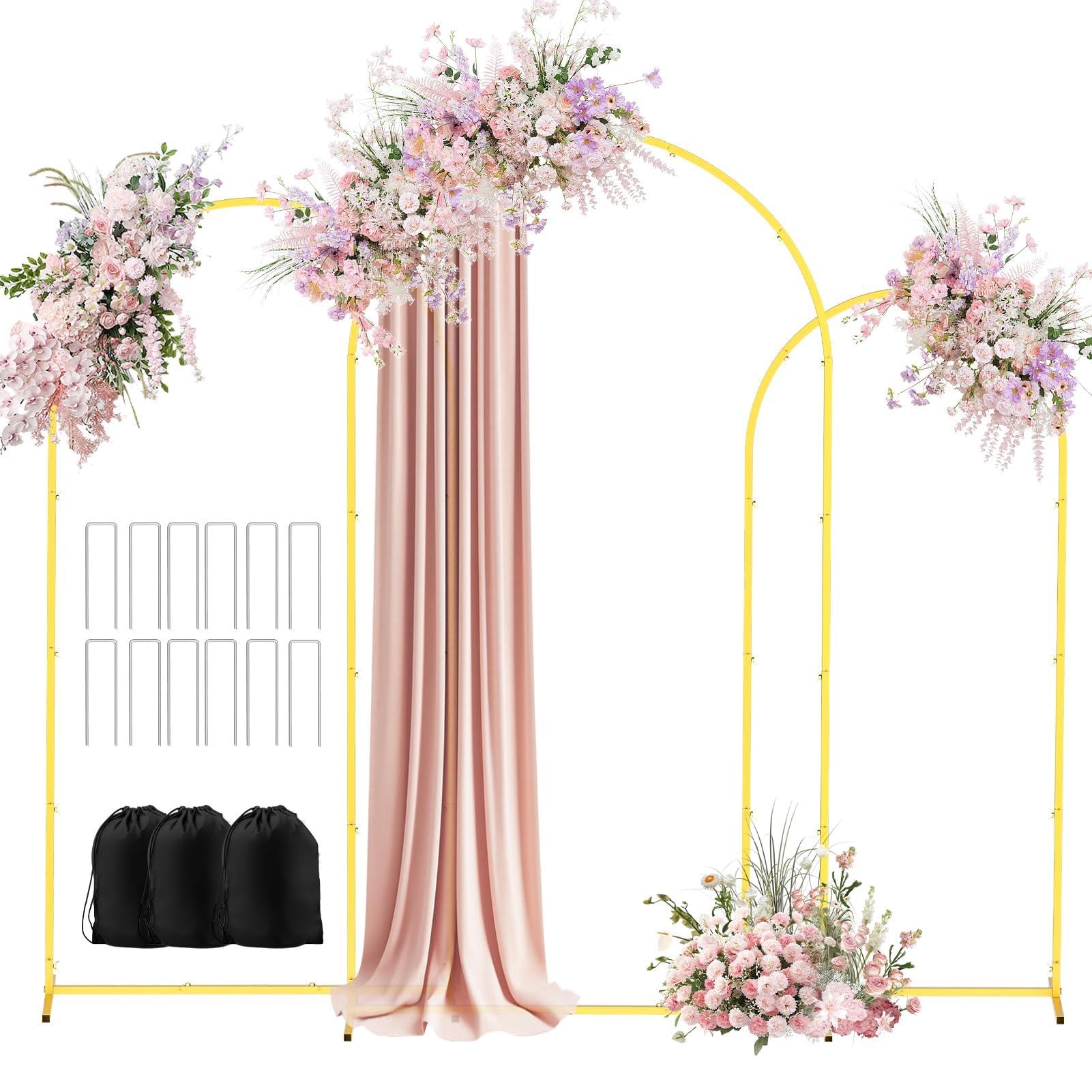 Photo 1 of EMART Metal Arch Backdrop Stand Set of 3 (7.2FT/6.6FT/6Ft) Gold Balloon Arch Stand for Wedding Decor, Baby Shower , Birthday Party, Photography, Wedding Arches Frame with 12 Ground Nails/3 Carry Bags