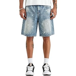 SolegaLume Jean Shorts Men Rhinestone Baggy Straight Leg Jorts Glitter Loose Fit Streetwear Denim Shorts Summer with Pockets