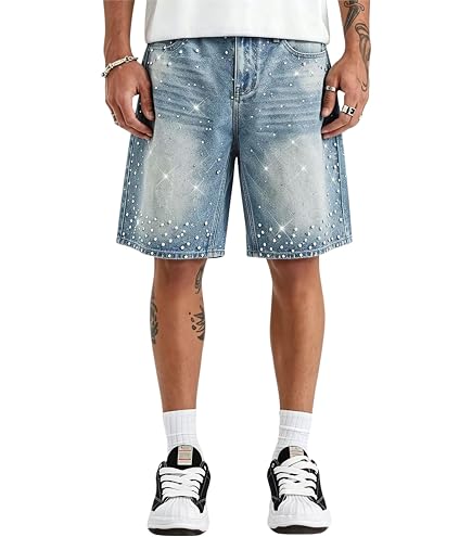 Vamtac Mens Star Denim Shorts Baggy Jeans Casual Streetwear 90s